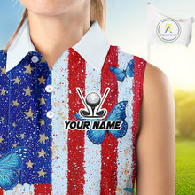 Load image into Gallery viewer, Personalized Blue Butterfly American Flag Polo – Custom Name Patriotic Womens Sleeveless Golf Polo Shirt