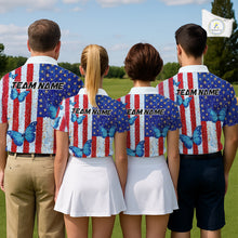 Load image into Gallery viewer, Personalized Blue Butterfly American Flag Polo – Custom Name Patriotic Golf Polo Shirt NHT1034