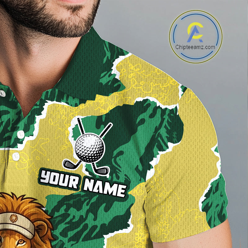 Green and yellow patterned shirt with golf-themed design and 'Your Name' text, brand logo visible.