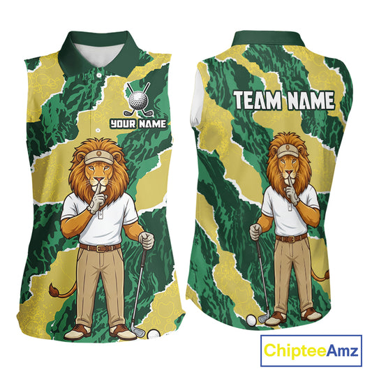 Custom Green Lion Golf Polo Shirts, Lion Womens Sleeeveless Golf Team Jerseys 