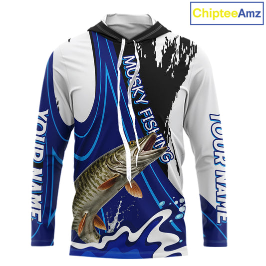 Musky Fishing Jersey Personalized Name Hooded Fishing Shirt, Angler Tournament Fishing Apparel NHT870