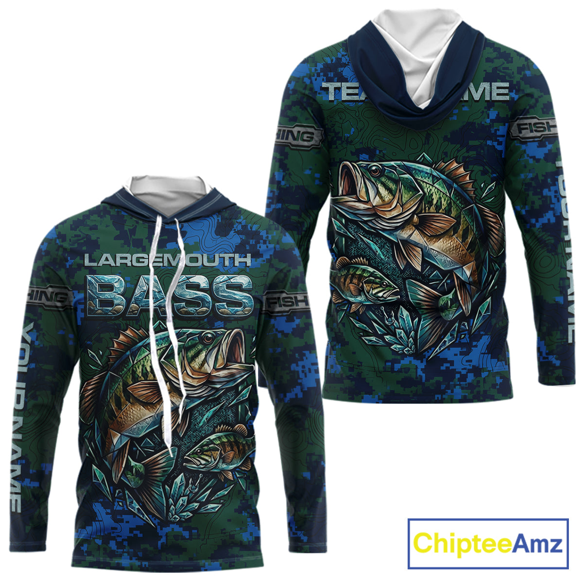 Green Camo Bass Fishing Shirt Long Sleeve Hooded, Bass Fishing Jersey, Performance Fishing Apparel NHT877