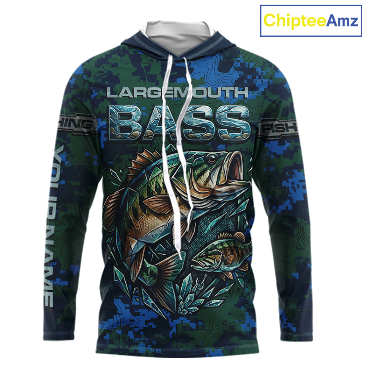 Green Camo Bass Fishing Shirt Long Sleeve Hooded, Bass Fishing Jersey, Performance Fishing Apparel NHT877