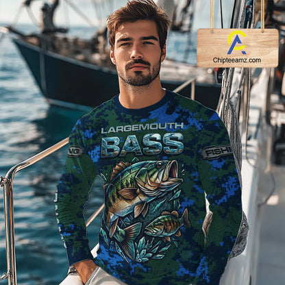 Green Camo Bass Fishing Shirt Long Sleeve, Bass Fishing Jersey, Performance Fishing Apparel NHT877