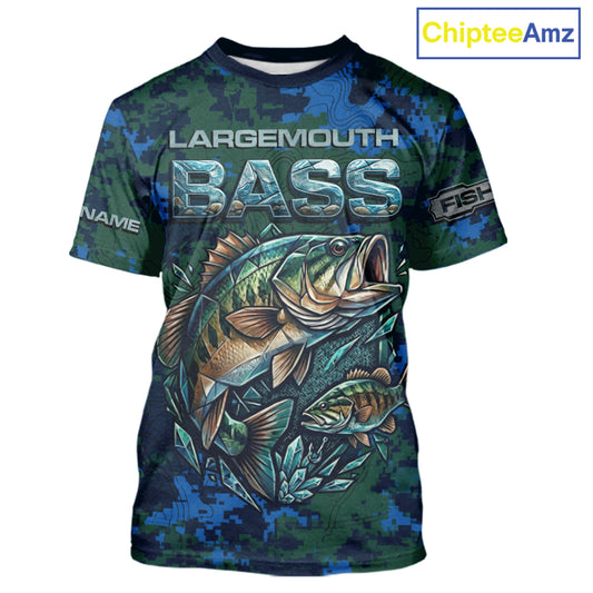Green Camo Bass Short Sleeve Fishing T-Shirts, Bass Fishing Jersey, Performance Fishing Apparel NHT877