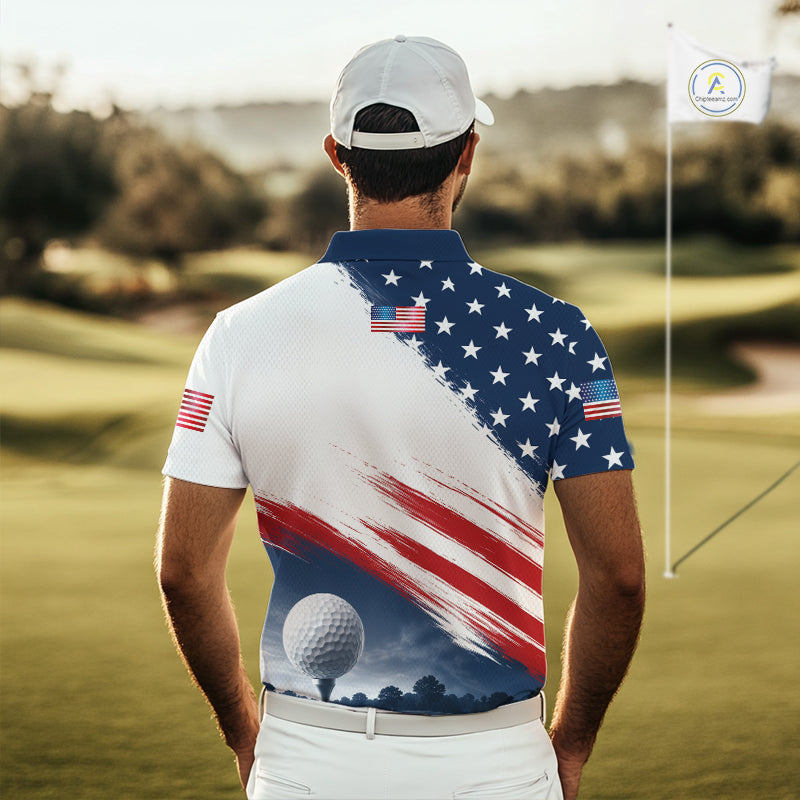Patriotic American Flag Golf Polo Shirt For Men –  Red White Blue Golf Apparel 