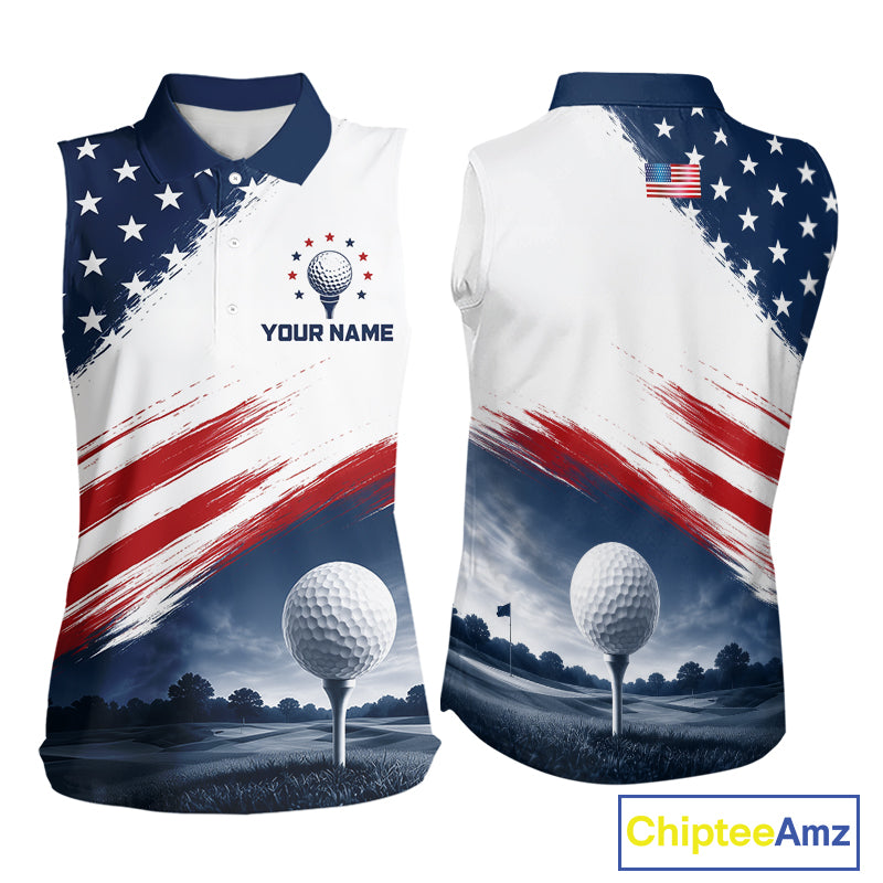 Patriotic American Flag Women's Sleeveless Golf Polo Shirt –  Red White Blue Golf Apparel 