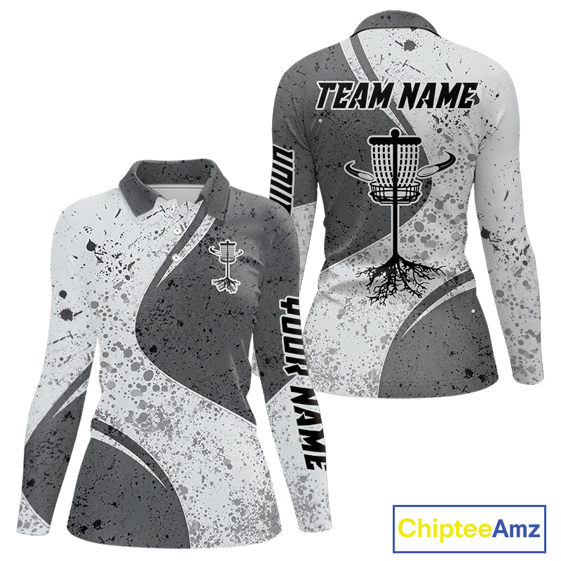 Womens Disc Golf Polo Shirt Gray Camo Disc Golf Basket, Personalized Disc Golf Shirts NHT896