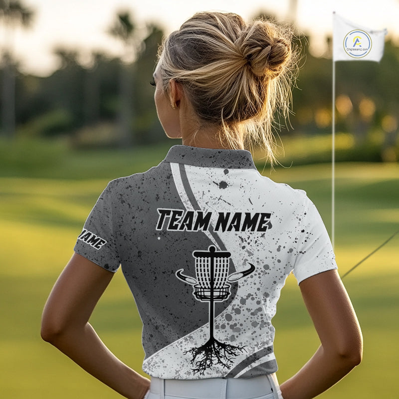Womens Disc Golf Polo Shirt Gray Camo Disc Golf Basket, Personalized Disc Golf Shirts NHT896