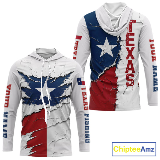 Texas Fishing Shirt Long Sleeve Hooded Patriotic Texas Flag UV Protection Fishing Apparel
