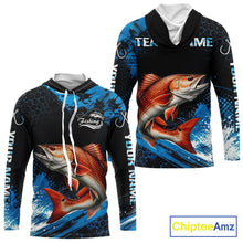 Load image into Gallery viewer, Custom Redfish Fishing Jersey long sleeve hooded shirt with bold redfish graphic and performance fit.