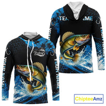 Load image into Gallery viewer, Custom Walleye Fishing Jersey long sleeve hooded shirt with walleye-inspired graphic and performance fit.
