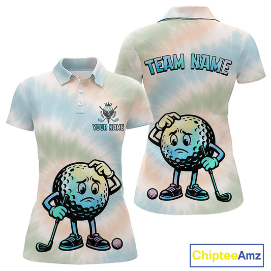 Funny Tie Dye Womens Golf Team Polo Shirt – Cartoon Golf Ball Golfer Shirt, Personalized Golf Family Team Shirt  NHT741