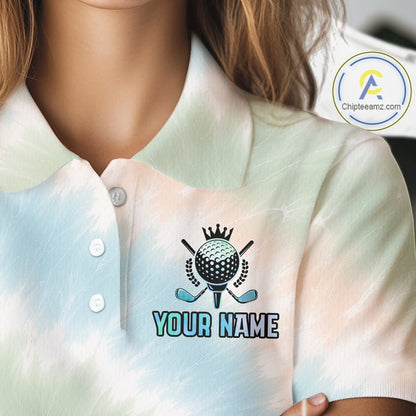 Funny Tie Dye Womens Golf Team Polo Shirt – Cartoon Golf Ball Golfer Shirt, Personalized Golf Family Team Shirt  NHT741