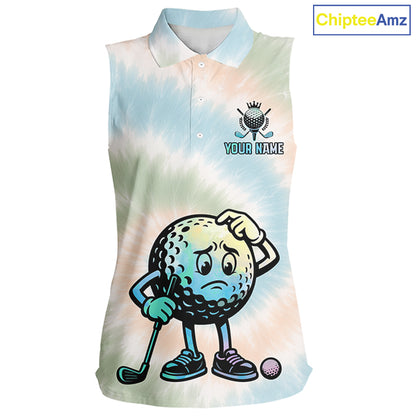 Funny Tie Dye Sleeveless Womens Golf Team Polo Shirt – Cartoon Golf Ball Golfer Shirt, Personalized Golf Family Team Shirt NHT741