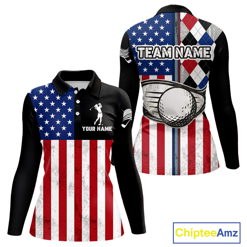 Personalized Womens Golf Polo Shirt American Flag Patriotic Golf Shirts Golf Gifts For Womens NHT746