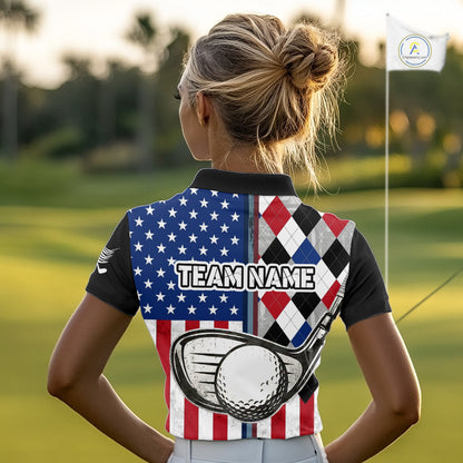 Personalized Womens Golf Polo Shirt American Flag Patriotic Golf Shirts Golf Gifts For Womens NHT746