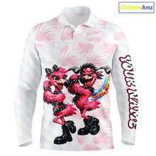 Load image into Gallery viewer, Personalized Funny Flamingo Rockstar Couple Golf Polo Shirt, Custom Name Matching Couple Golf Shirt NHT748