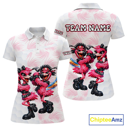 Personalized Funny Flamingo Rockstar Couple Womens Golf Polo Shirt, Custom Name Matching Couple Golf Shirt NHT748