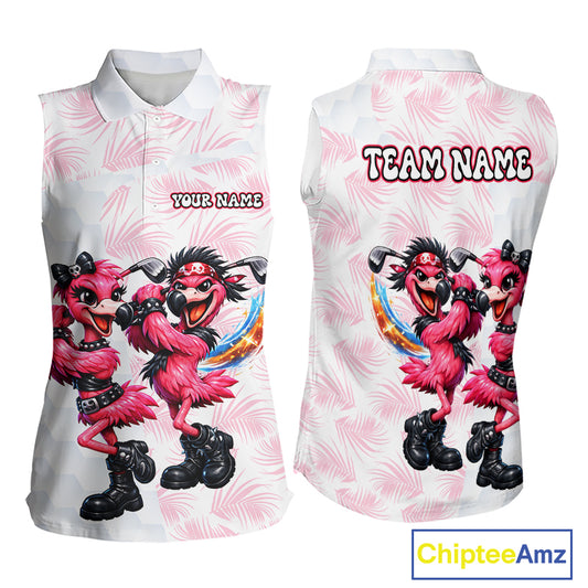 Personalized Funny Flamingo Rockstar Couple Sleeveless Womens Golf Polo Shirt, Custom Name Matching Couple Golf Shirt NHT748