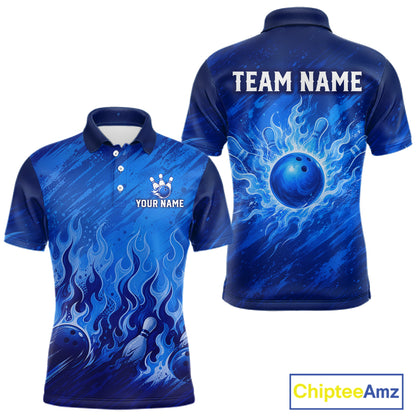 Custom blue short-sleeve polo shirt with flame and bowling ball graphics, shown in front and back views. Features customizable text placeholders 'TEAM NAME' and 'YOUR NAME'.