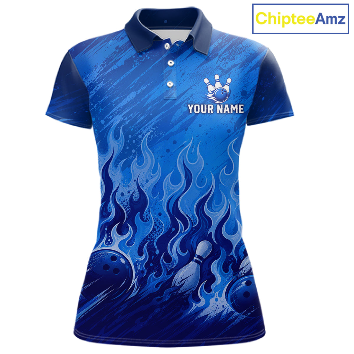 A women's short-sleeve polo shirt in shades of blue with a bowling-themed flame and splash graphic, featuring a bowling pins logo and 'YOUR NAME' placeholder on the chest. The ChipteeAmz logo is visible in the top right corner.