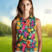 Load image into Gallery viewer, Golf Womens Sleeveless Polo Shirt Tropical Popsicle Paradise Pattern Tropical Leaves Custom Name, Golf Shirt NHT539