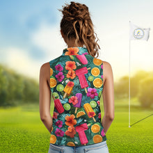 Load image into Gallery viewer, Golf Womens Sleeveless Polo Shirt Tropical Popsicle Paradise Pattern Tropical Leaves Custom Name, Golf Shirt NHT539