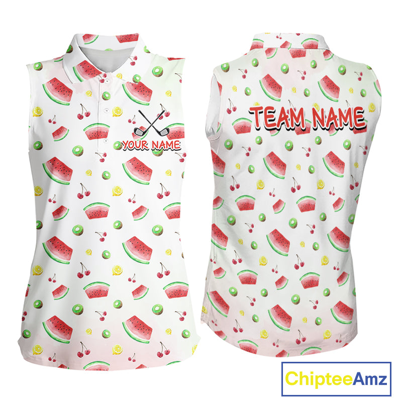Funny Watermelon Pattern Sleeveless Womens Polo Shirt, Long Sleeve Golf Polo Shirt Custom Watermelon Pattern Team Golf Top NHT757