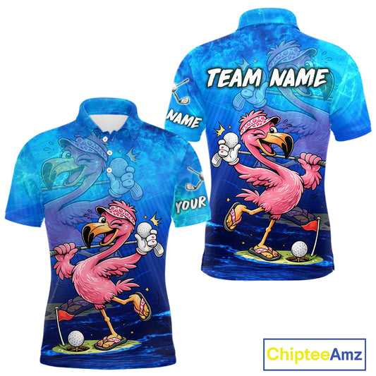 Personalized Flamingo Mens Golf Polo Shirt Custom Name And Team Royal Blue Funny Ocean Tropical Golf Outfit NHT1236