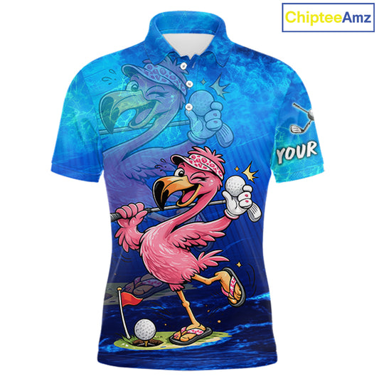 Personalized Flamingo Mens Golf Polo Shirt Custom Name And Team Royal Blue Funny Ocean Tropical Golf Outfit NHT1236