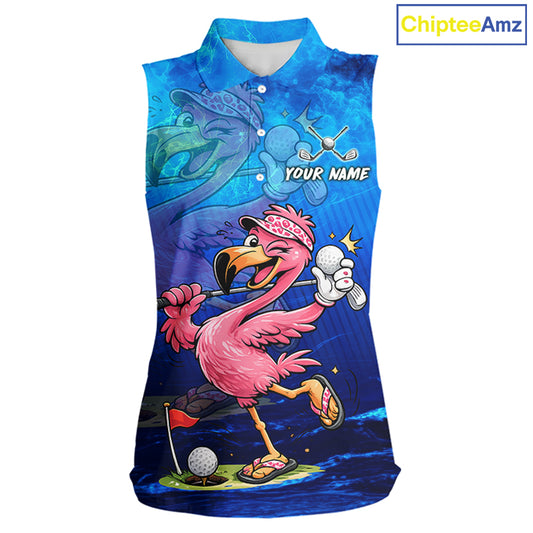 A sleeveless collared golf shirt with a vibrant all-over print featuring a cartoon pink flamingo holding a golf ball, a golf hole, and a blue watercolor-style background. The shirt has a custom name placeholder 'YOUR NAME' on the chest.
