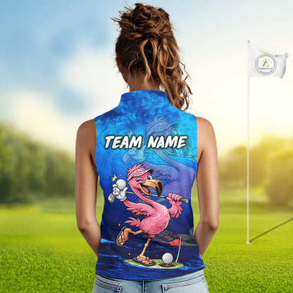 Personalized Flamingo Womens Sleeveless Golf Polo Shirt Custom Name And Team Royal Blue Funny Ocean Tropical Golf Outfit NHT1236