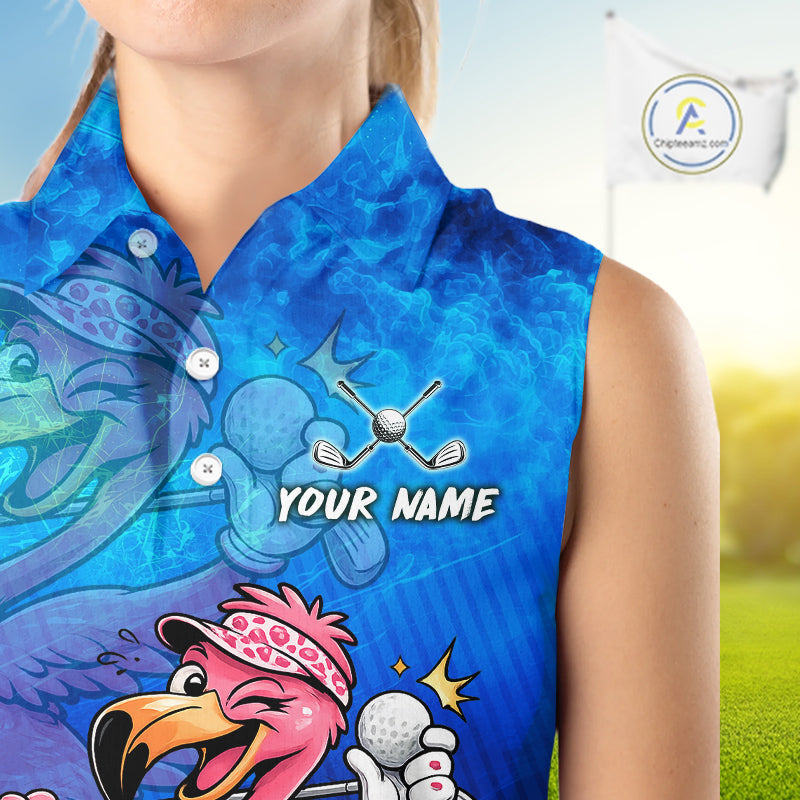 Personalized Flamingo Womens Sleeveless Golf Polo Shirt Custom Name And Team Royal Blue Funny Ocean Tropical Golf Outfit NHT1236