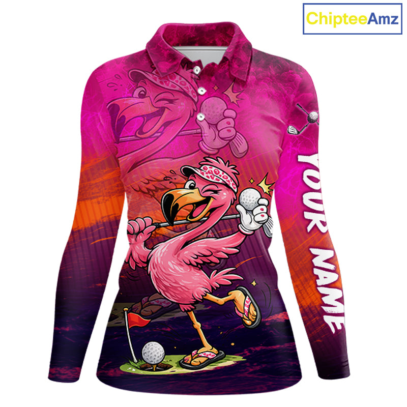 Personalized Flamingo Womens Golf Polo Shirt Custom Name And Team Hot Pink Funny Tropical Golf Outfit NHT1237