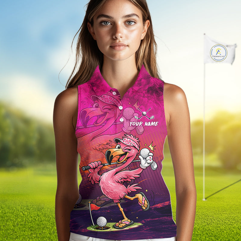 Personalized Flamingo Womens Sleeveless Golf Polo Shirt Custom Name And Team Hot Pink Funny Tropical Golf Outfit NHT1237