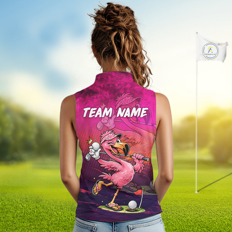 Personalized Flamingo Womens Sleeveless Golf Polo Shirt Custom Name And Team Hot Pink Funny Tropical Golf Outfit NHT1237
