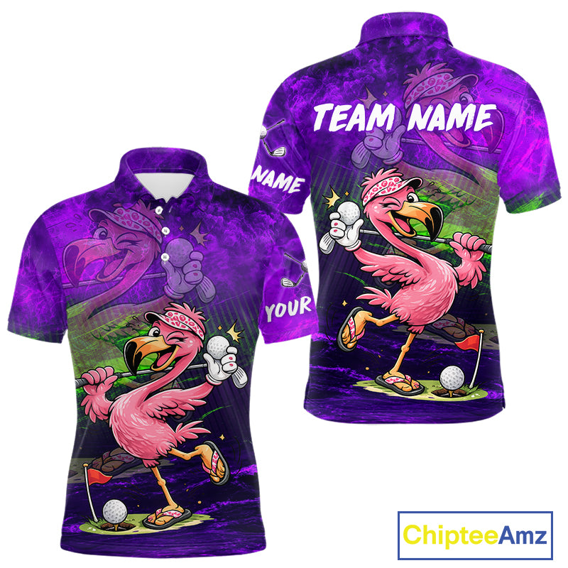 Personalized Flamingo Mens Golf Polo Shirt Custom Name And Team Purple Funny Tropical Golf Outfit NHT1238