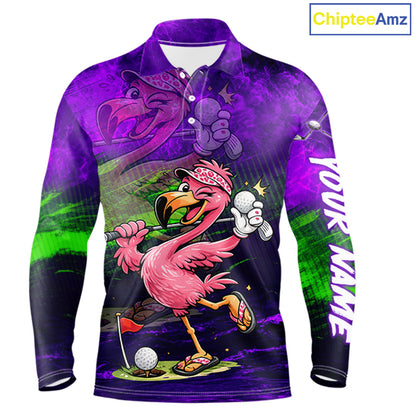 Personalized Flamingo Mens Golf Polo Shirt Custom Name And Team Purple Funny Tropical Golf Outfit NHT1238