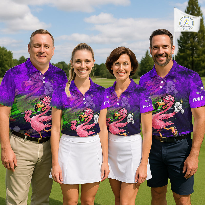 Personalized Flamingo Womens Golf Polo Shirt Custom Name And Team Purple Funny Tropical Golf Outfit NHT1238
