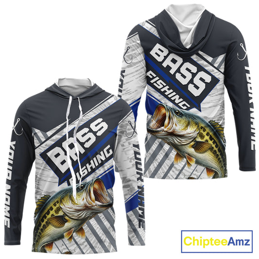 Personalized Bass Fishing Jerseys For Fishing Team, Largemouth Bass Hooded Fishing Shirt Long Sleeve NHT918