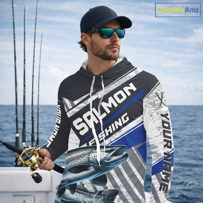 Personalized Chinook Salmon Fishing Jerseys For Fishing Team, Salmon Hooded Fishing Shirt Long Sleeve NHT921