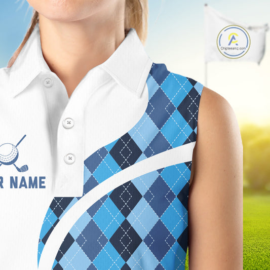 White And Green Argyle Pattern Womens Sleeveless Golf Polo Shirt Custom Golf Polo Best Golf Gifts NHT561