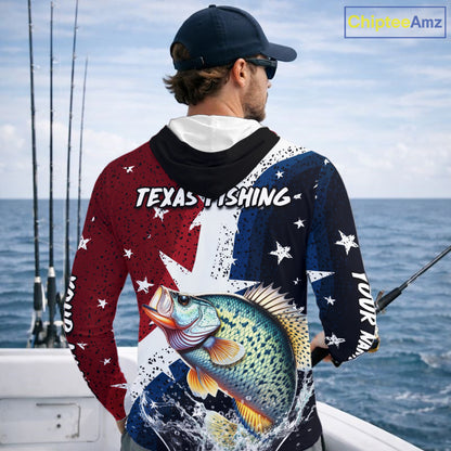 Personalized Texas Flag Crappie Fishing Shirt Jerseys, Texas Crappie Fishing Shirts Long Sleeve Hooded For Men NHT759