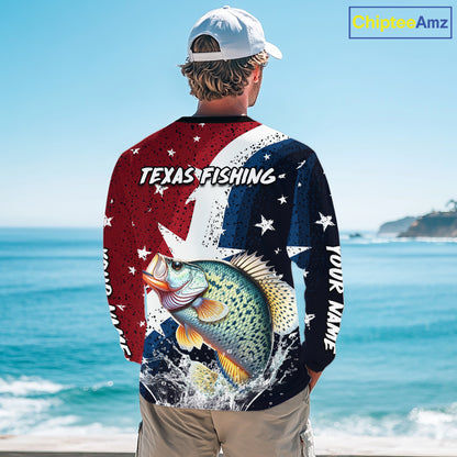 Personalized Texas Flag Crappie Fishing Shirt Jerseys, Texas Crappie Fishing Shirts Long Sleeve For Men NHT759