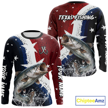 Personalized Texas Flag Catfish Fishing Shirt Jerseys, Texas Catfish Fishing Shirts Long Sleeve For Men NHT760