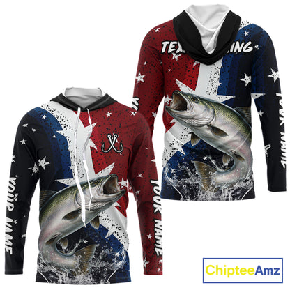 Personalized Texas Flag Chinook Salmon Fishing Shirt Jerseys, Texas Chinook Salmon Fishing Shirts Long Sleeve Hooded For Men NHT761