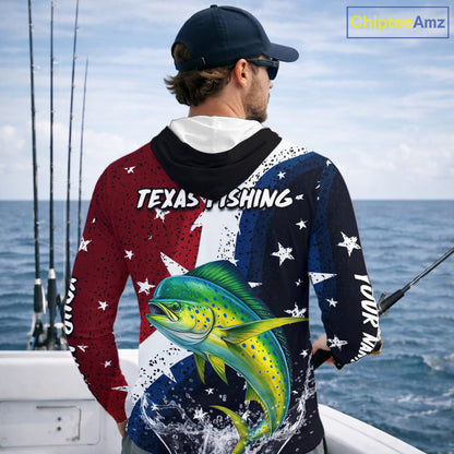 Personalized Texas Flag Mahi Mahi Fishing Shirt Jerseys, Texas Dorado Fishing Shirts Long Sleeve Hooded For Men NHT762