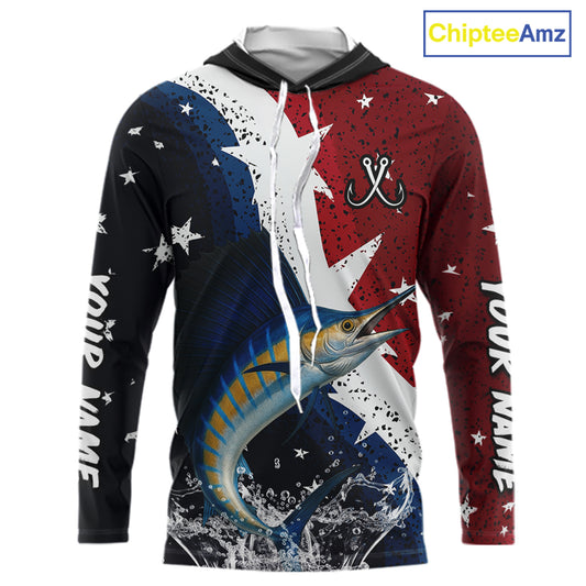 Personalized Texas Flag Sailfish Fishing Shirt Jerseys, Texas Sailfish Fishing Shirts Long Sleeve Hooded For Men NHT763