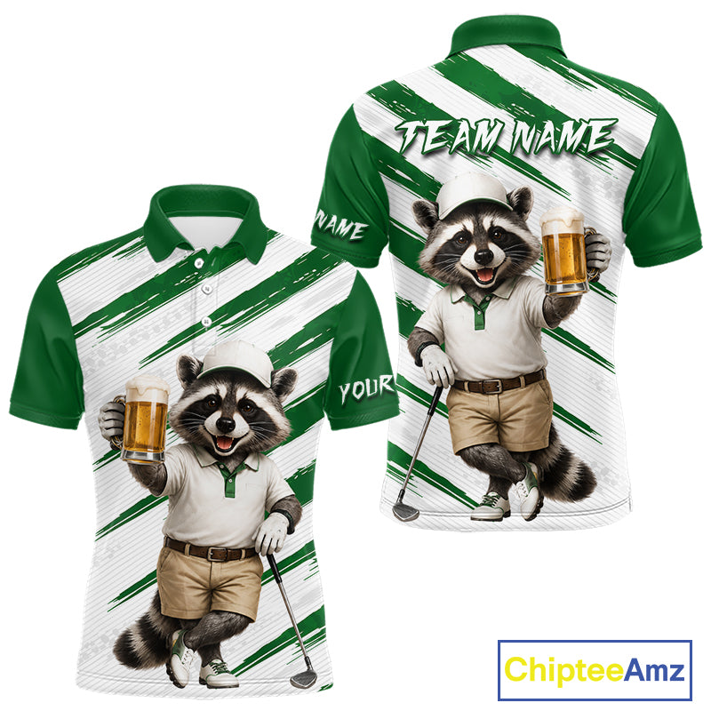 Custom Funny Beer Raccoon Golf Jersey For Mens, Mens Golf Polo Shirt Black Beige Golf Jersey NHT936